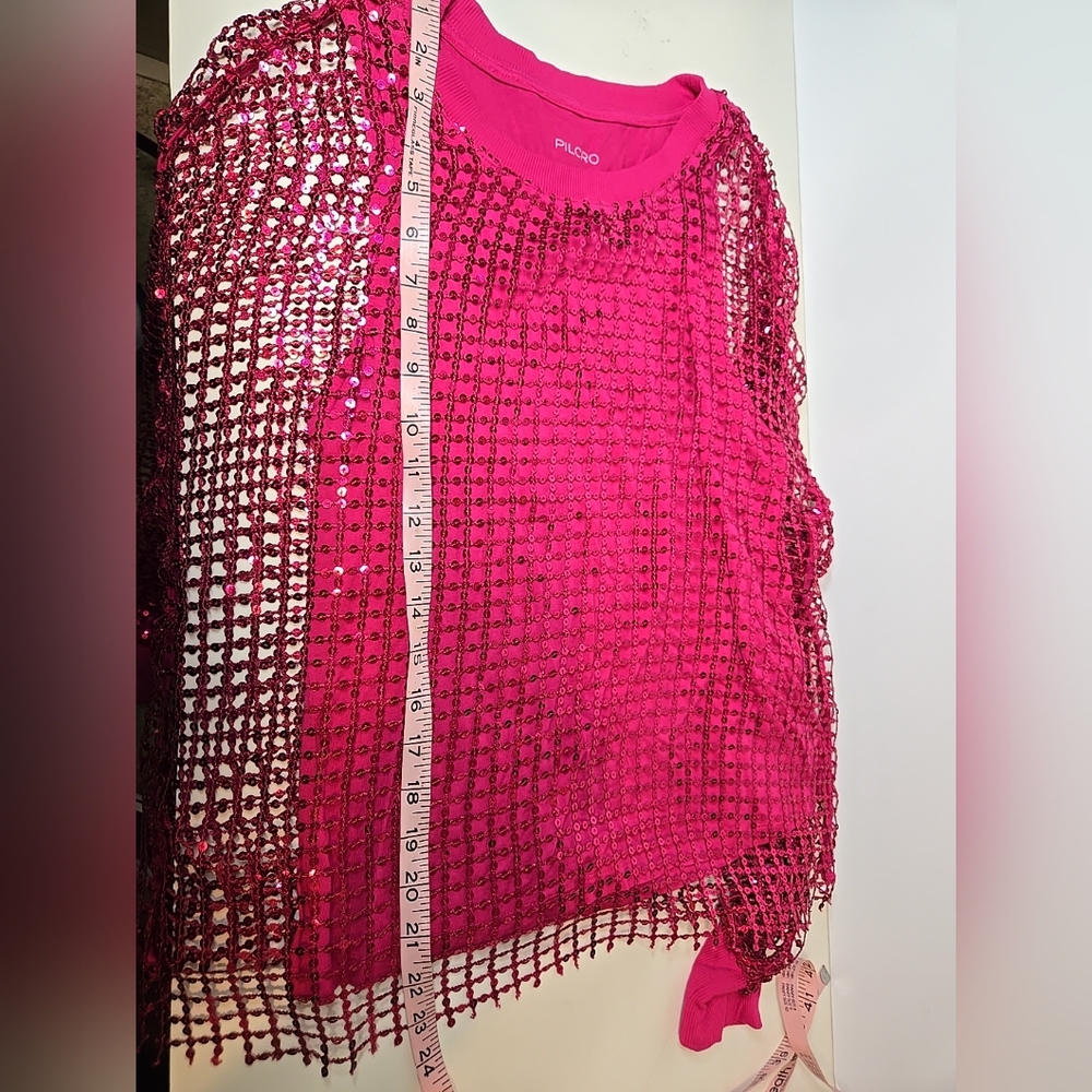 Pilcro Anthropologie Raspberry Pink Mesh Sequin Party Blouse Size Medium - Picture 10 of 13